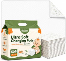 Load image into Gallery viewer, Organic Cotton Core Ultra Soft Disposable Changing Pad Liners 50-Pack Large | 18x24” Super Absorbent Waterproof & Hypoallergenic Baby Changing Table Liners Leak-Proof Diaper Pads Lead/Phthalate/BPA Free