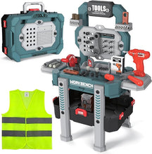 Load image into Gallery viewer, Toddler Tool Set -Pretend Play Kids Tool Bench Workshop - 83p DIY Kit with a Realistic Electric Drill Construction Toys for Boys Girls and Toddlers - Workbench for Ages 3, 4, 5 Stickers Vest (Green)