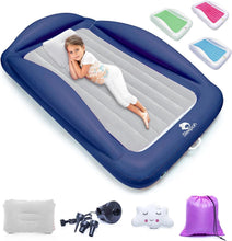 Load image into Gallery viewer, Inflatable Toddler Travel Bed – Kids Blow Up Air Mattress + Safety Bumpers