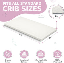 Load image into Gallery viewer, Sleepah Organic Cotton Memory Foam Crib Mattress Topper Breathable & Waterproof - Removable & Washable Organic Cover 52"x28"x2"