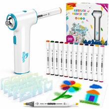 Load image into Gallery viewer, Air Brush Marker Sprayer Set for Kids w 12 Washable Markers & 20 Stencils