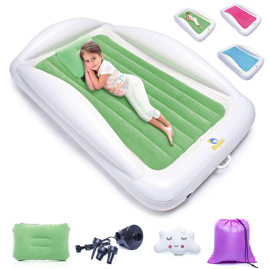 Sleepah Inflatable Toddler Travel Bed – Inflatable & Portable Bed Air Mattress Set –Blow up Mattress for Kids with High Safety Bed Rails. Set Includes Pump, Case, Pillow W Glow Sticker (Green)
