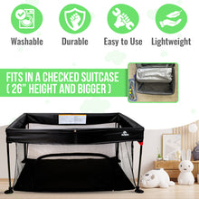 Load image into Gallery viewer, Sleepah Foldable Travel Crib – Lightweight Portable Play Pen + Backpack, Play-Yard with Waterproof Mattress – Easy to Pack Fits in a Suitcase, Sets up in 30 Seconds Safe for Infants &amp; Toddlers (Black)
