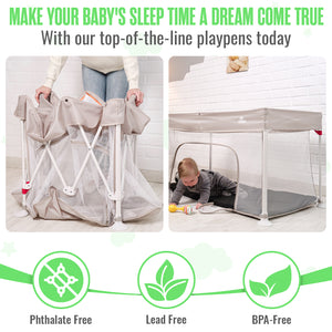 Sleepah Foldable Travel Crib – Lightweight Portable Play Pen + Backpack, Play-Yard with Waterproof Mattress – Easy to Pack Fits in a Suitcase, Sets up in 30 Seconds Safe for Infants & Toddlers (Beige)