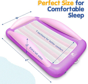 Sleepah Inflatable Toddler Travel Bed – Inflatable & Portable Bed Air Mattress Set –Blow up Mattress for Kids with High Safety Bed Rails. Set Includes Pump, Case, Pillow & Plush (Purple)