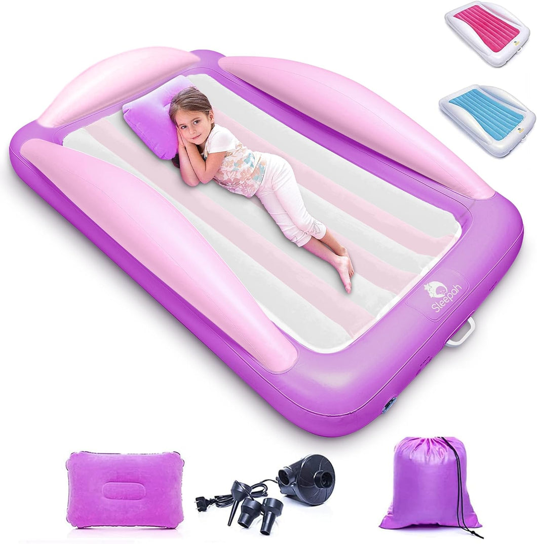 Sleepah Inflatable Toddler Travel Bed – Inflatable & Portable Bed Air Mattress Set –Blow up Mattress for Kids with High Safety Bed Rails. Set Includes Pump, Case, Pillow & Plush (Purple)