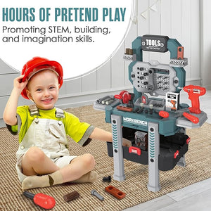 Toddler Tool Set -Pretend Play Kids Tool Bench Workshop - 83p DIY Kit with a Realistic Electric Drill Construction Toys for Boys Girls and Toddlers - Workbench for Ages 3, 4, 5 Stickers Vest (Green)