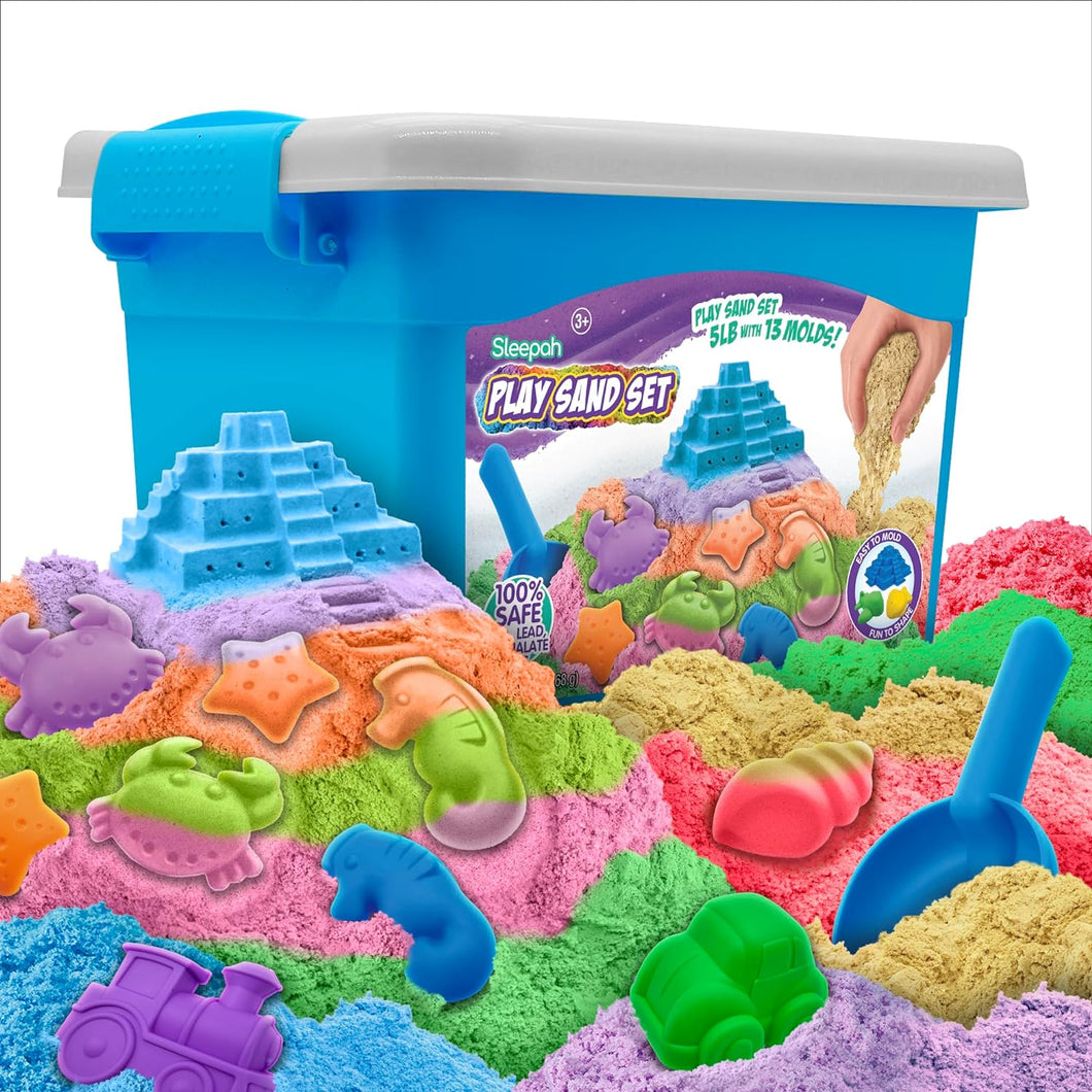 Sleepah Play Sand Set – 5LB of Sensory Toy Sand with 13 Molds for Girls & Boys – No Mess Sensory Play Sand Art & Crafts Activity Gift Kids 3-9 Years