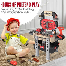 Load image into Gallery viewer, Toddler Tool Set -Pretend Play Kids Tool Bench Workshop - 83p DIY Kit with a Realistic Electric Drill Construction Toys for Boys Girls and Toddlers - Workbench for Ages 3, 4, 5 Stickers Vest (Beige)

