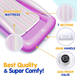 Sleepah Inflatable Toddler Travel Bed – Inflatable & Portable Bed Air Mattress Set –Blow up Mattress for Kids with High Safety Bed Rails. Set Includes Pump, Case, Pillow & Plush (Purple)