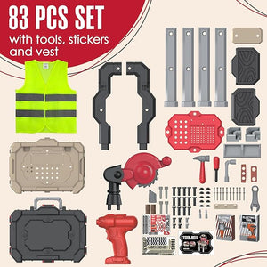 Kids Tool Bench with Realistic Tools and Electric Drill, 83 Pcs Transformable Kids Tool Set with Clothes, Toddler Tool Bench Learning Gift for Boys & Girls3, 4, 5 Stickers Vest