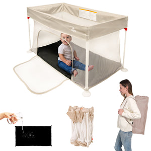 Sleepah Foldable Travel Crib – Lightweight Portable Play Pen + Backpack, Play-Yard with Waterproof Mattress – Easy to Pack Fits in a Suitcase, Sets up in 30 Seconds Safe for Infants & Toddlers (Beige)