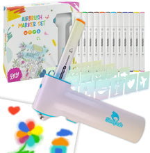 Load image into Gallery viewer, Air Brush Marker Set for Kids Includes 12 Washable Markers 20 Stencils Gift for Ages 5 6 7 8 9 Years Old (Air Brush Market Set)
