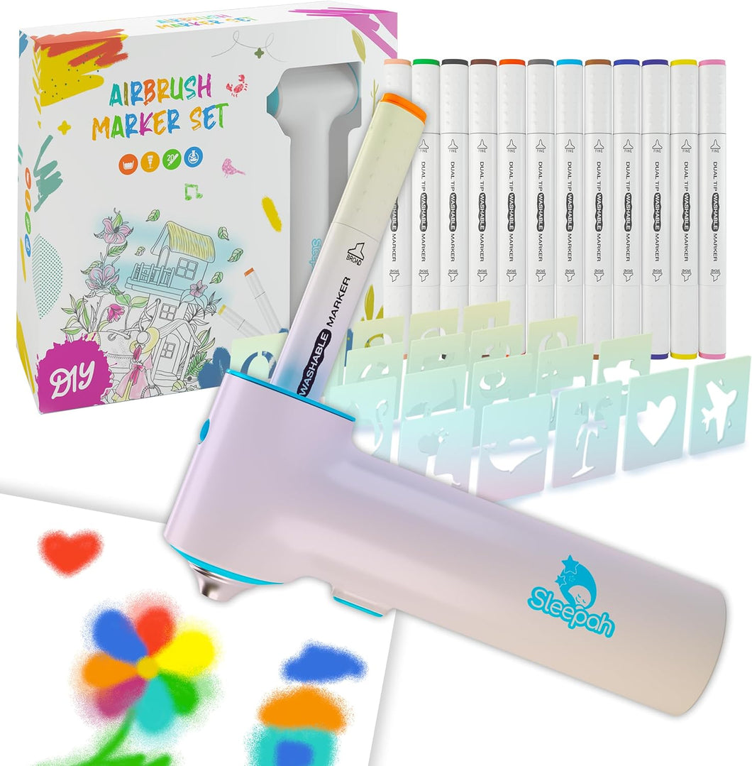 Air Brush Marker Set for Kids Includes 12 Washable Markers 20 Stencils Gift for Ages 5 6 7 8 9 Years Old (Air Brush Market Set)