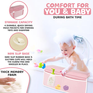 Bath Kneeler and Elbow Kneeling Rest Pad Set for Baby Bathing – Waterproof Soft Memory Foam Mat Organizer Pockets Quick Drying Foldable Non-Slip for Baby & Toddler Bath Time Toys Sponge Cloth (Pink)
