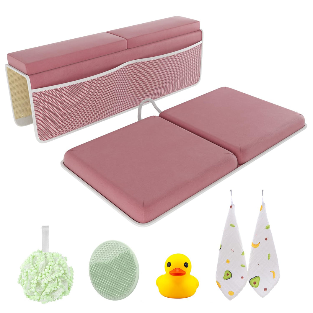 Bath Kneeler and Elbow Kneeling Rest Pad Set for Baby Bathing – Waterproof Soft Memory Foam Mat Organizer Pockets Quick Drying Foldable Non-Slip for Baby & Toddler Bath Time Toys Sponge Cloth (Pink)