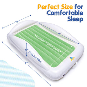 Sleepah Inflatable Toddler Travel Bed – Inflatable & Portable Bed Air Mattress Set –Blow up Mattress for Kids with High Safety Bed Rails. Set Includes Pump, Case, Pillow W Glow Sticker (Green)
