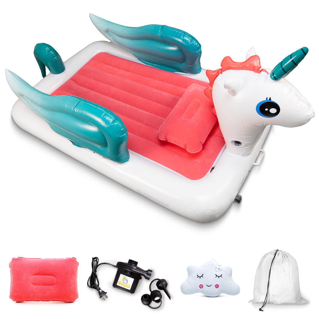 Sleepah Inflatable Toddler Travel Bed – Inflatable & Portable Bed Air Mattress Set –Blow up Mattress for Kids with High Safety Bed Rails. Set Includes Pump, Case, Pillow (Unicorn)