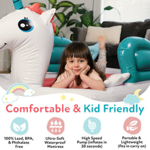 Load image into Gallery viewer, Sleepah Inflatable Toddler Travel Bed – Inflatable &amp; Portable Bed Air Mattress Set –Blow up Mattress for Kids with High Safety Bed Rails. Set Includes Pump, Case, Pillow (Unicorn)
