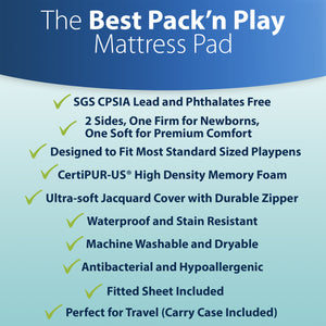 Sleepah Pack and Play Mattress Foldable Pad Double Sided w/Firm Side (for Babies) & Soft Memory Foam Side (for Toddlers) With Carry Case