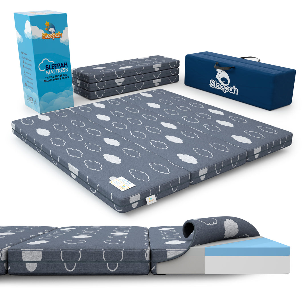 Sleepah Square Pack and Play Mattress (Trifold) Waterproof Memory Foam Playard Portable Playpen Mattress Topper with Removable Cover Thick Dual Sided (Firm for 0-9 Months) (Softer 9+ Months) Tri-fold